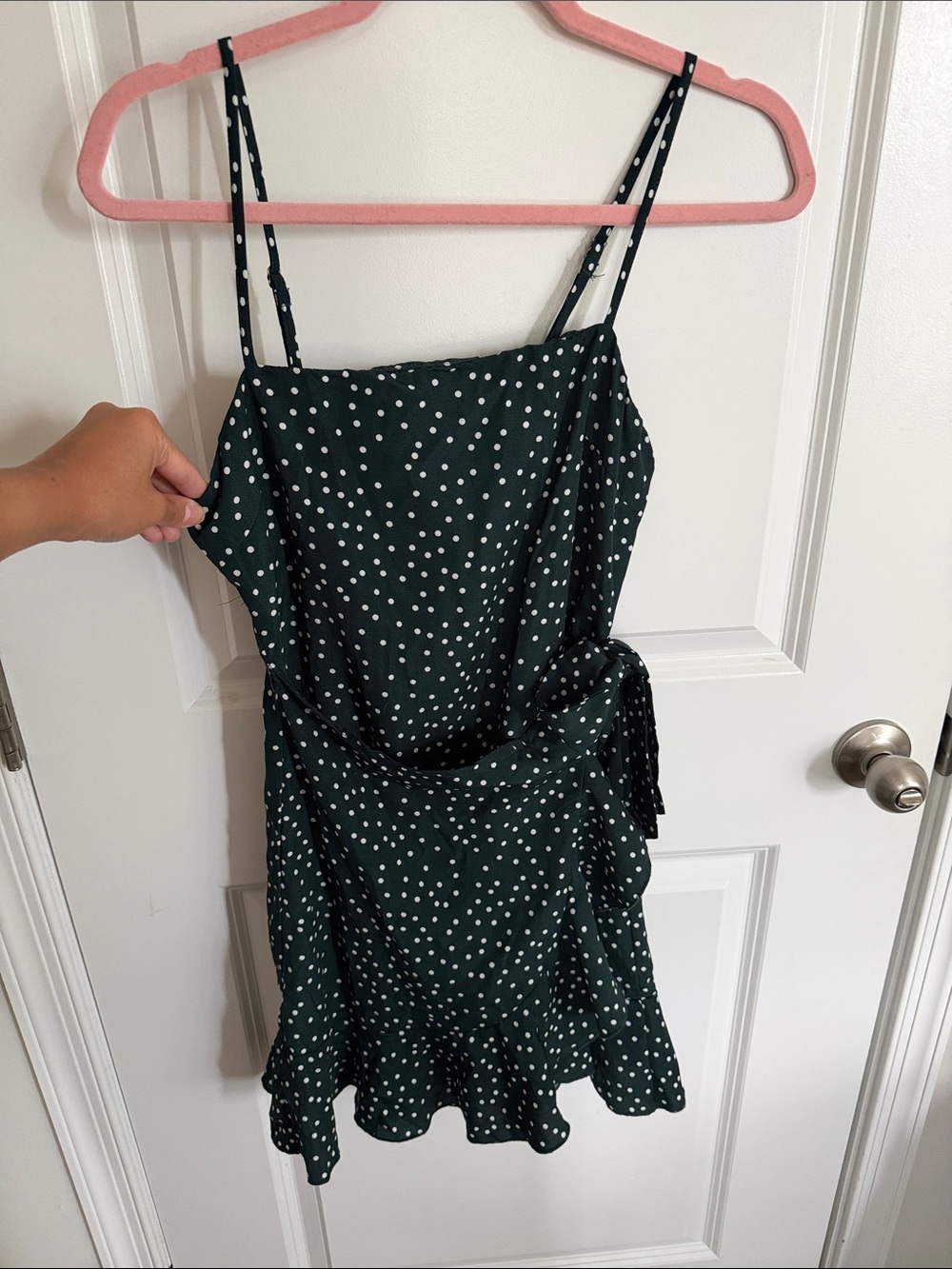 Princess Polly Dark Green Polka Dot Spaghetti-Strap Mini Dress